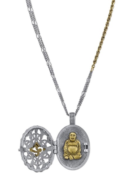 Boho Ohm Symbol Sitting Buddha Locket Pendant Necklace For Women 36 Inch