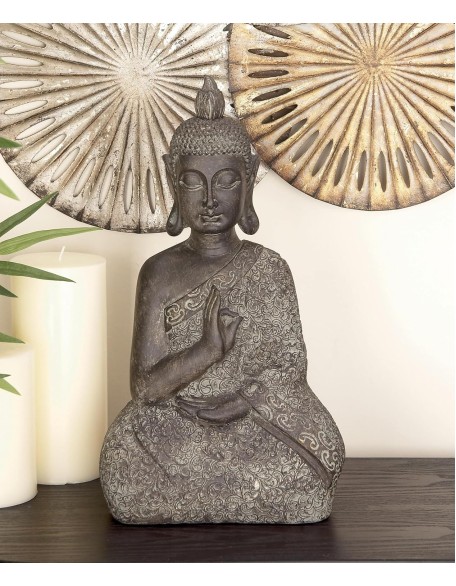 Polystone Buddha Decorative Sculpture Meditating Home Decor Statue with Engraved Carvings and Relief Detailing, Accent Figurine 9" x 6" x 17", Brown