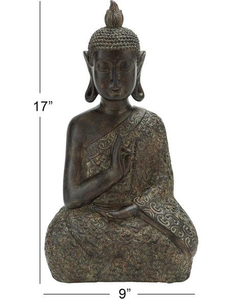 Polystone Buddha Decorative Sculpture Meditating Home Decor Statue with Engraved Carvings and Relief Detailing, Accent Figurine 9" x 6" x 17", Brown