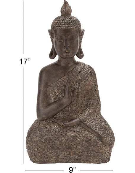 Polystone Buddha Decorative Sculpture Meditating Home Decor Statue with Engraved Carvings and Relief Detailing, Accent Figurine 9" x 6" x 17", Brown