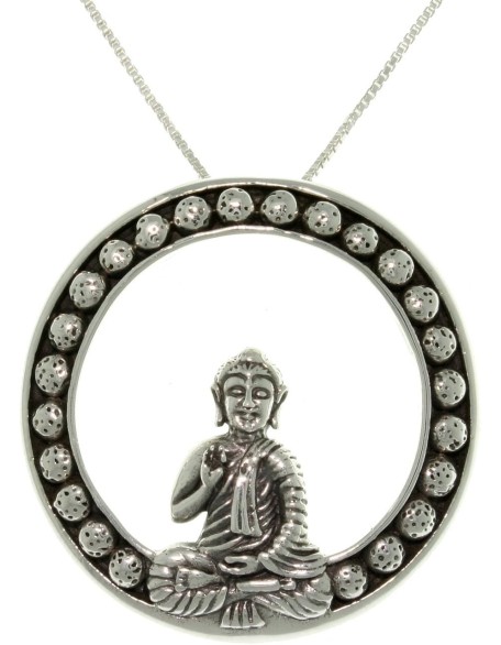 Buddha Teaching Wisdom Dharma Wheel Buddhist Sterling Silver Pendant Necklace 18"