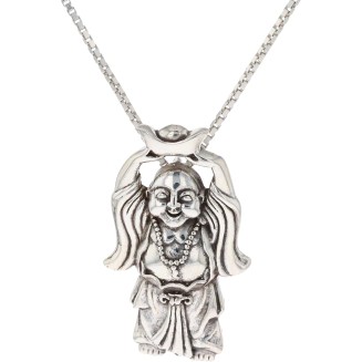 Hotei Money Buddha Offering Prosperity Sterling Silver Pendant Necklace 18"