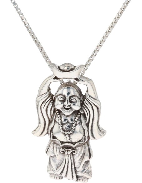 Hotei Money Buddha Offering Prosperity Sterling Silver Pendant Necklace 18"