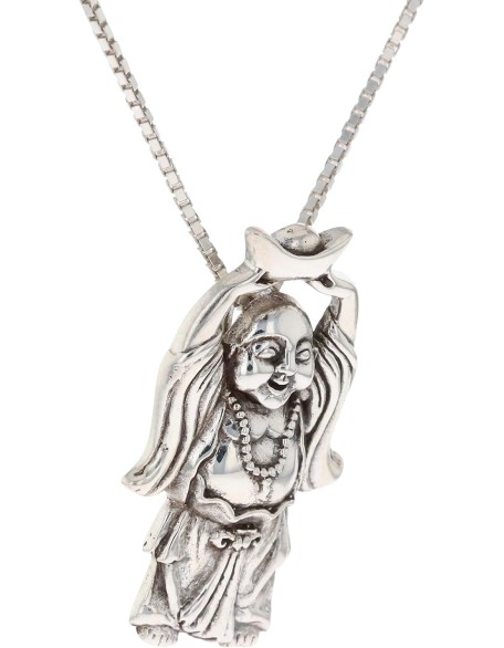 Hotei Money Buddha Offering Prosperity Sterling Silver Pendant Necklace 18"