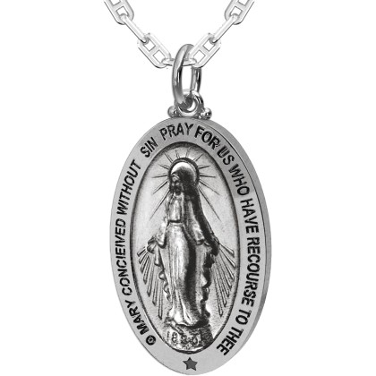 Ladies 925 Sterling Silver 32.5mm Virgin Mary Antique Finish Necklace, 18in to 24in