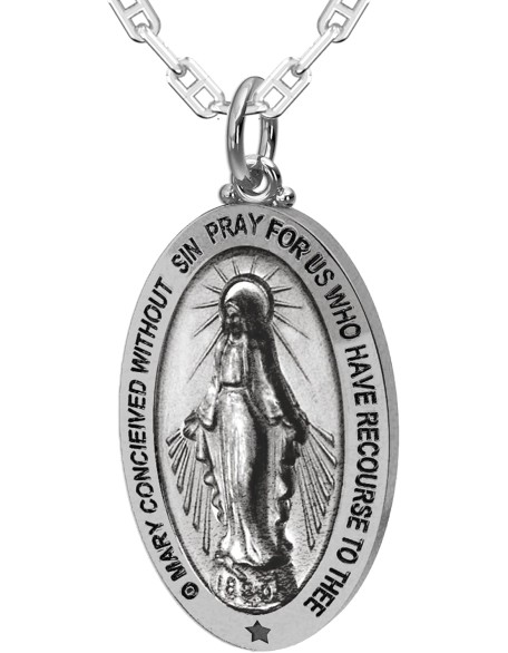 Ladies 925 Sterling Silver 32.5mm Virgin Mary Antique Finish Necklace, 18in to 24in