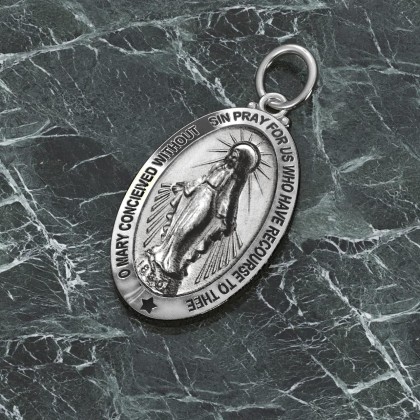 Ladies 925 Sterling Silver 32.5mm Virgin Mary Antique Finish Necklace, 18in to 24in