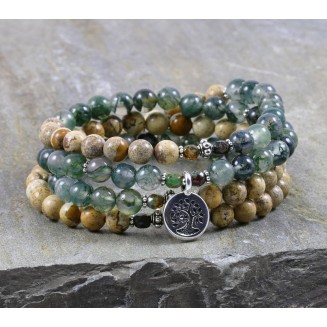 Moss Agate 108 Mala Jasper Earth Tree of Life Energy Buddhist Prayer Necklace Yoga Healing Jewelry Spiritual Gemstone Mala Beads Sterling Silver Bracelet