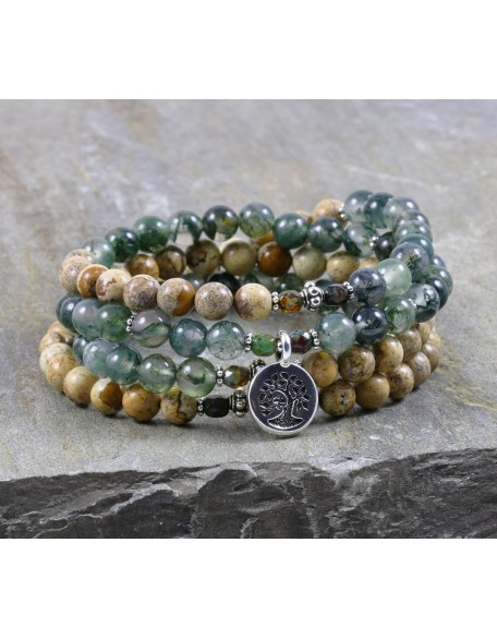 Moss Agate 108 Mala Jasper Earth Tree of Life Energy Buddhist Prayer Necklace Yoga Healing Jewelry Spiritual Gemstone Mala Beads Sterling Silver Bracelet