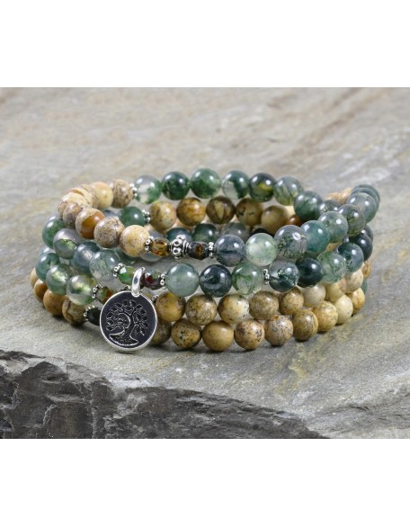 Moss Agate 108 Mala Jasper Earth Tree of Life Energy Buddhist Prayer Necklace Yoga Healing Jewelry Spiritual Gemstone Mala Beads Sterling Silver Bracelet