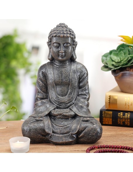 MyGift 11.5-Inch Sitting Buddha Statue, Premium Gray Resin Meditation Zen Buddha Home Decor, Decorative Yoga, Garden, Alter, Prayer Spiritual Living Figurine