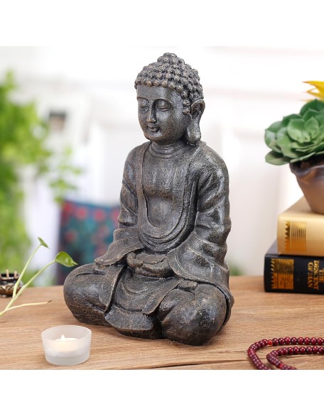 MyGift 11.5-Inch Sitting Buddha Statue, Premium Gray Resin Meditation Zen Buddha Home Decor, Decorative Yoga, Garden, Alter, Prayer Spiritual Living Figurine