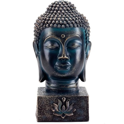 MyGift Rustic Spiritual Zen Buddha Head Figurine, Calming Meditation Statue with Lotus Sculpted Display Base