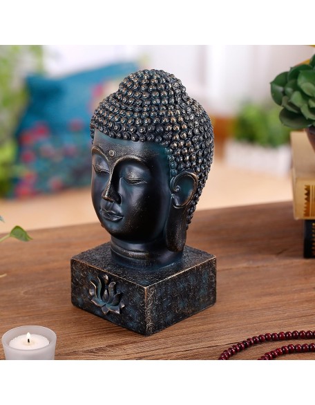 MyGift Rustic Spiritual Zen Buddha Head Figurine, Calming Meditation Statue with Lotus Sculpted Display Base