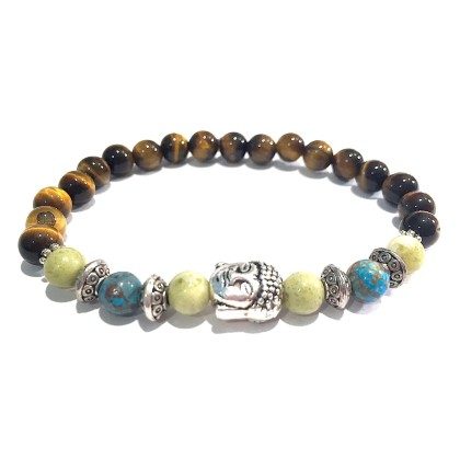 Handmade Buddha Head Peridot Jasper, Natural Crazy Blue Lace Agate and Tigers Eye Healing Bracelet 7 Inches