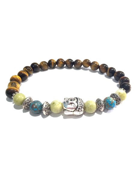 Handmade Buddha Head Peridot Jasper, Natural Crazy Blue Lace Agate and Tigers Eye Healing Bracelet 7 Inches