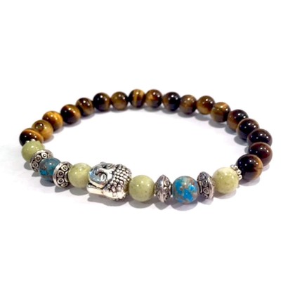 Handmade Buddha Head Peridot Jasper, Natural Crazy Blue Lace Agate and Tigers Eye Healing Bracelet 7 Inches