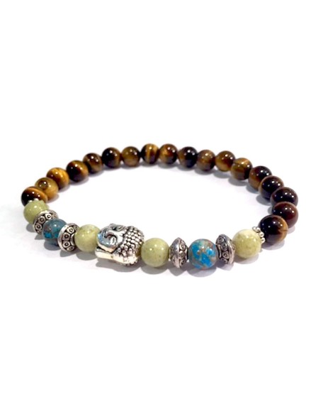 Handmade Buddha Head Peridot Jasper, Natural Crazy Blue Lace Agate and Tigers Eye Healing Bracelet 7 Inches