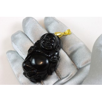 Obsidian Pendant Large Goldtone Necklace Bail Carved Laughing Buddha With Ball 2 Inches