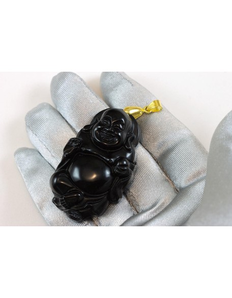 Obsidian Pendant Large Goldtone Necklace Bail Carved Laughing Buddha With Ball 2 Inches