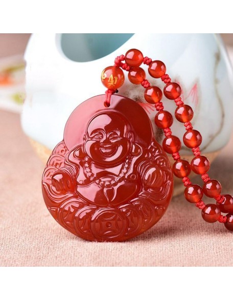 Natural agate Stone Handmade Carved Lucky Happy laughter Maitreya Buddha Pendants Amulet Necklaces