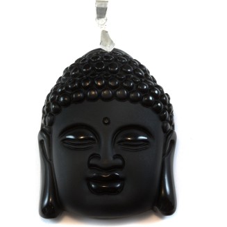 Obsidian Pendant Large Silvertone Necklace Bail Carved Buddha Face 2 Inches Long