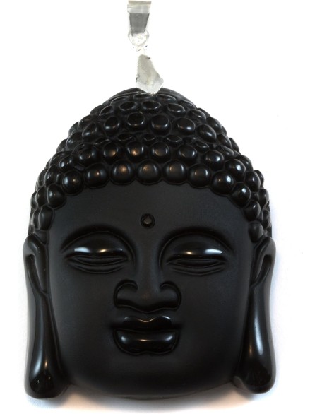 Obsidian Pendant Large Silvertone Necklace Bail Carved Buddha Face 2 Inches Long