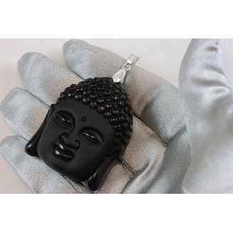 Obsidian Pendant Large Silvertone Necklace Bail Carved Buddha Face 2 Inches Long