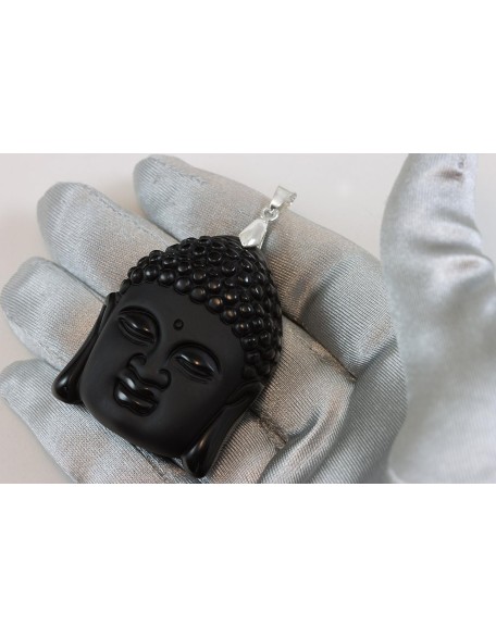 Obsidian Pendant Large Silvertone Necklace Bail Carved Buddha Face 2 Inches Long