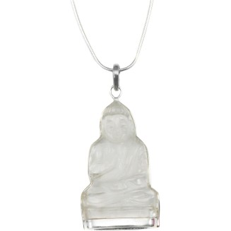 Sterling Silver Quartz Pendant Necklace Sitting Buddha Carved Clear Snake Chain, 20"