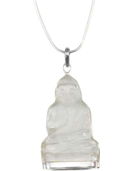 Sterling Silver Quartz Pendant Necklace Sitting Buddha Carved Clear Snake Chain, 20"