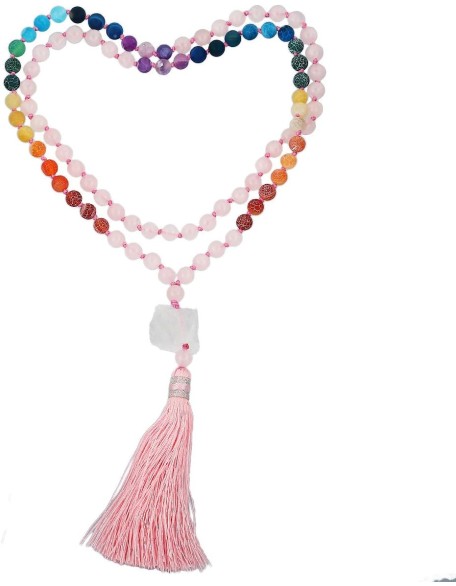 Rose Quartz 7 Chakra Matte Agate Bracelet,Wrapped Stone Necklace,Tibetan Buddhist Prayer Beads