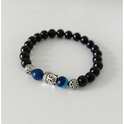 Black Tourmaline, Blue Agate and Buddha Handmade Unisex Gemstone Bracelet, Handmade Bracelets, Handmade Gemstone Bracelets, Unisex Bracelets