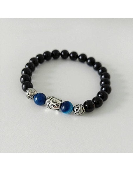 Black Tourmaline, Blue Agate and Buddha Handmade Unisex Gemstone Bracelet, Handmade Bracelets, Handmade Gemstone Bracelets, Unisex Bracelets