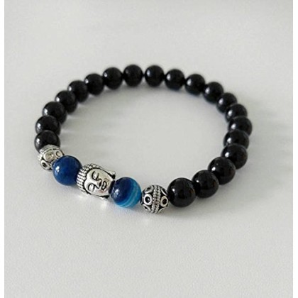 Black Tourmaline, Blue Agate and Buddha Handmade Unisex Gemstone Bracelet, Handmade Bracelets, Handmade Gemstone Bracelets, Unisex Bracelets