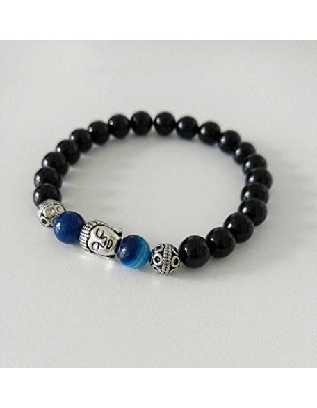 Black Tourmaline, Blue Agate and Buddha Handmade Unisex Gemstone Bracelet, Handmade Bracelets, Handmade Gemstone Bracelets, Unisex Bracelets