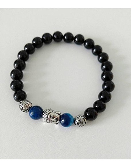 Black Tourmaline, Blue Agate and Buddha Handmade Unisex Gemstone Bracelet, Handmade Bracelets, Handmade Gemstone Bracelets, Unisex Bracelets