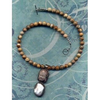 Buddha Pendant, Buddhist Necklace, Buddha Necklace, Genuine Jasper and Pearl Necklace, Statement Buddhist Necklace, Tibetan Pendant Necklace, Handmade Nepal Art by AnnaArt72