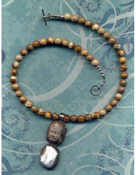 Buddha Pendant, Buddhist Necklace, Buddha Necklace, Genuine Jasper and Pearl Necklace, Statement Buddhist Necklace, Tibetan Pendant Necklace, Handmade Nepal Art by AnnaArt72