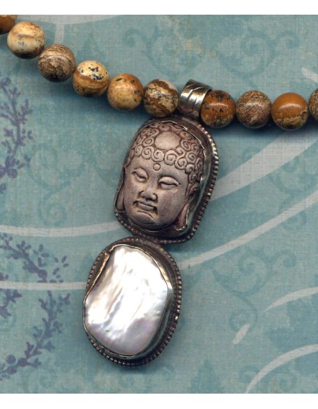 Buddha Pendant, Buddhist Necklace, Buddha Necklace, Genuine Jasper and Pearl Necklace, Statement Buddhist Necklace, Tibetan Pendant Necklace, Handmade Nepal Art by AnnaArt72