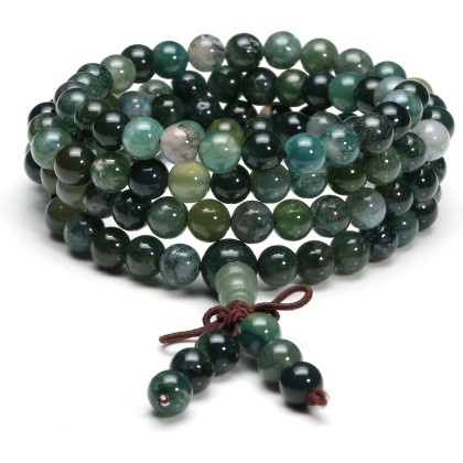 108 Mala Beads Bracelet 6mm 8mm Natural Indian Agate/Green Moss Agate Gemstone Healing Crystal Stone Beaded Bracelet Hand Knotted Prayer Mala Beads Necklace for Yoga Meditation Balance