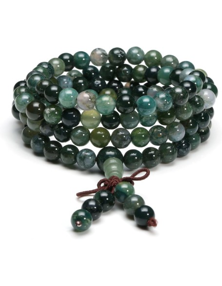 108 Mala Beads Bracelet 6mm 8mm Natural Indian Agate/Green Moss Agate Gemstone Healing Crystal Stone Beaded Bracelet Hand Knotted Prayer Mala Beads Necklace for Yoga Meditation Balance