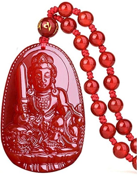 Buddha Pendant Necklace Bodhisattva Amulet Talisman Made of Agate Gemstone red green (red agate Manjushri (Wisdom))