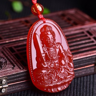 Buddha Pendant Necklace Bodhisattva Amulet Talisman Made of Agate Gemstone red green (red agate Manjushri (Wisdom))