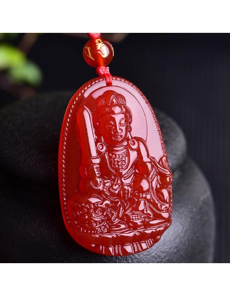 Buddha Pendant Necklace Bodhisattva Amulet Talisman Made of Agate Gemstone red green (red agate Manjushri (Wisdom))