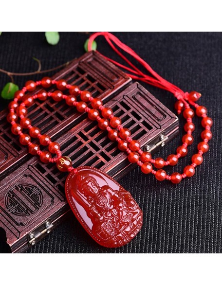 Buddha Pendant Necklace Bodhisattva Amulet Talisman Made of Agate Gemstone red green (red agate Manjushri (Wisdom))