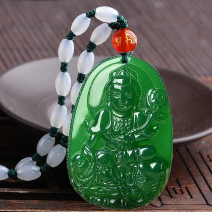 Buddha Pendant Necklace Bodhisattva Amulet Talisman Made of Agate Gemstone red green (green agate Samantabhadra (Worthy))