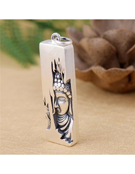 Large 990 Sterling Silver Sakyamuni Buddha Pendant with Lotus Flower Vintage Amulet Protection Jewelry for Men Women