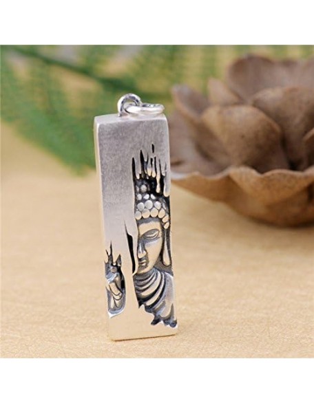 Large 990 Sterling Silver Sakyamuni Buddha Pendant with Lotus Flower Vintage Amulet Protection Jewelry for Men Women