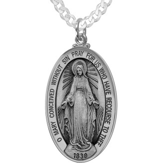 925 Sterling Silver Large 39mm Oval Virgin Mary Antique Pendant Necklace